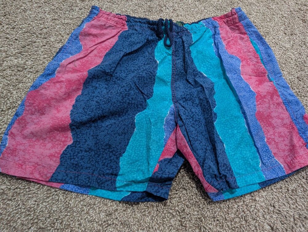 Vintage 90's Dash Sports Striped Lined Shorts Swim Trunks Nylon Large Pink Blue